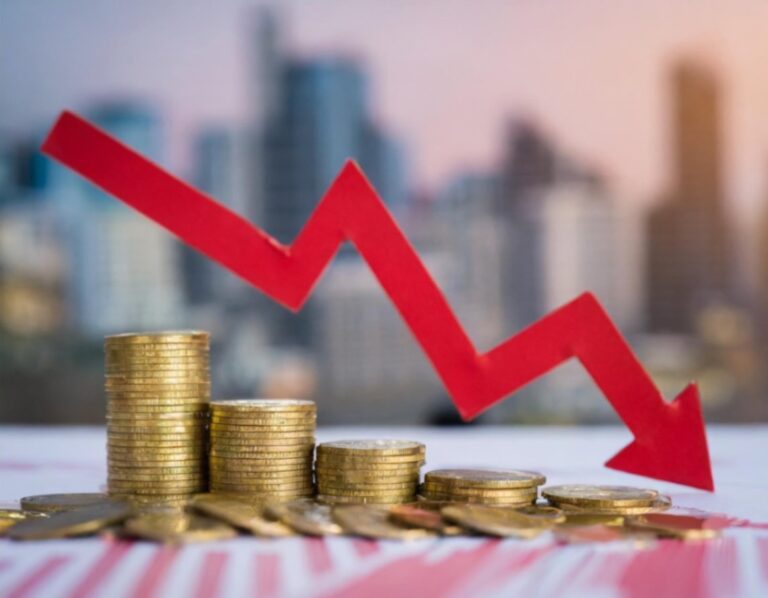 hrpa novčića sa crvenom strelicom iznadhrpa novčića sa crvenom strelicom iznad