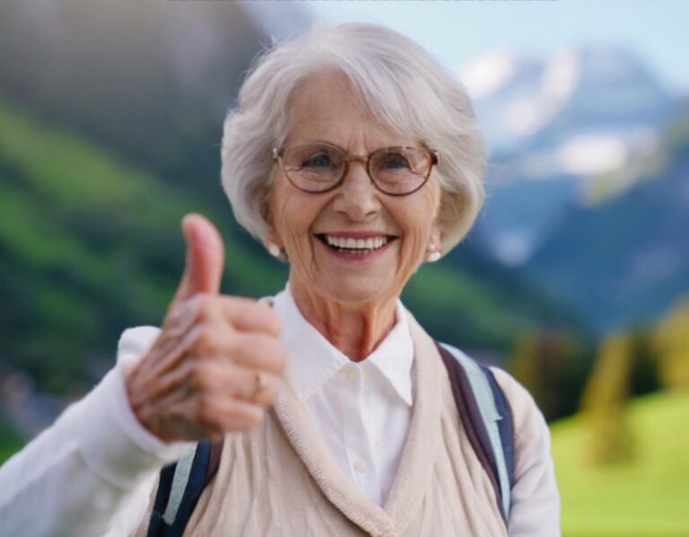 Stara žena pokazuje palec gore